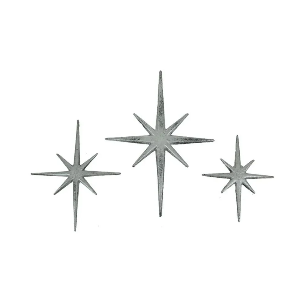 Set of 3 Large Metallic Silver Cast Iron 8 Pointed Star Starburst Wall Hangings